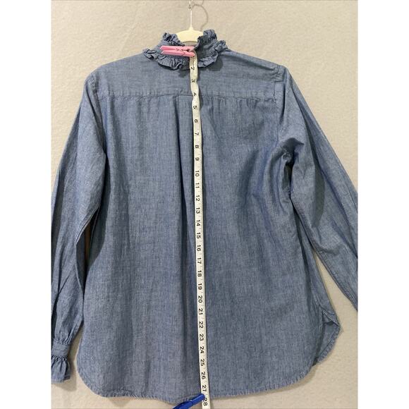 J Crew Shirt Women Sz 2 Blue Denim Button Blouse Ruffle Romantic Southwest Boho - Picture 3 of 7